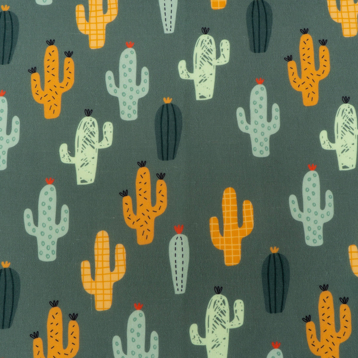 Cactus pattern bandana fabric in teal gray with orange and pale blue cacti