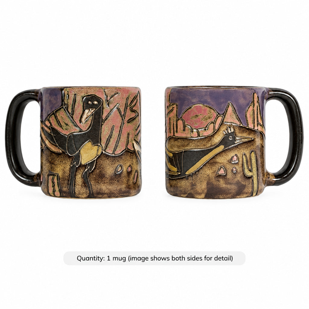 Roadrunner Round Stoneware Mug shown from two sides with a desert scene in earthy glaze.