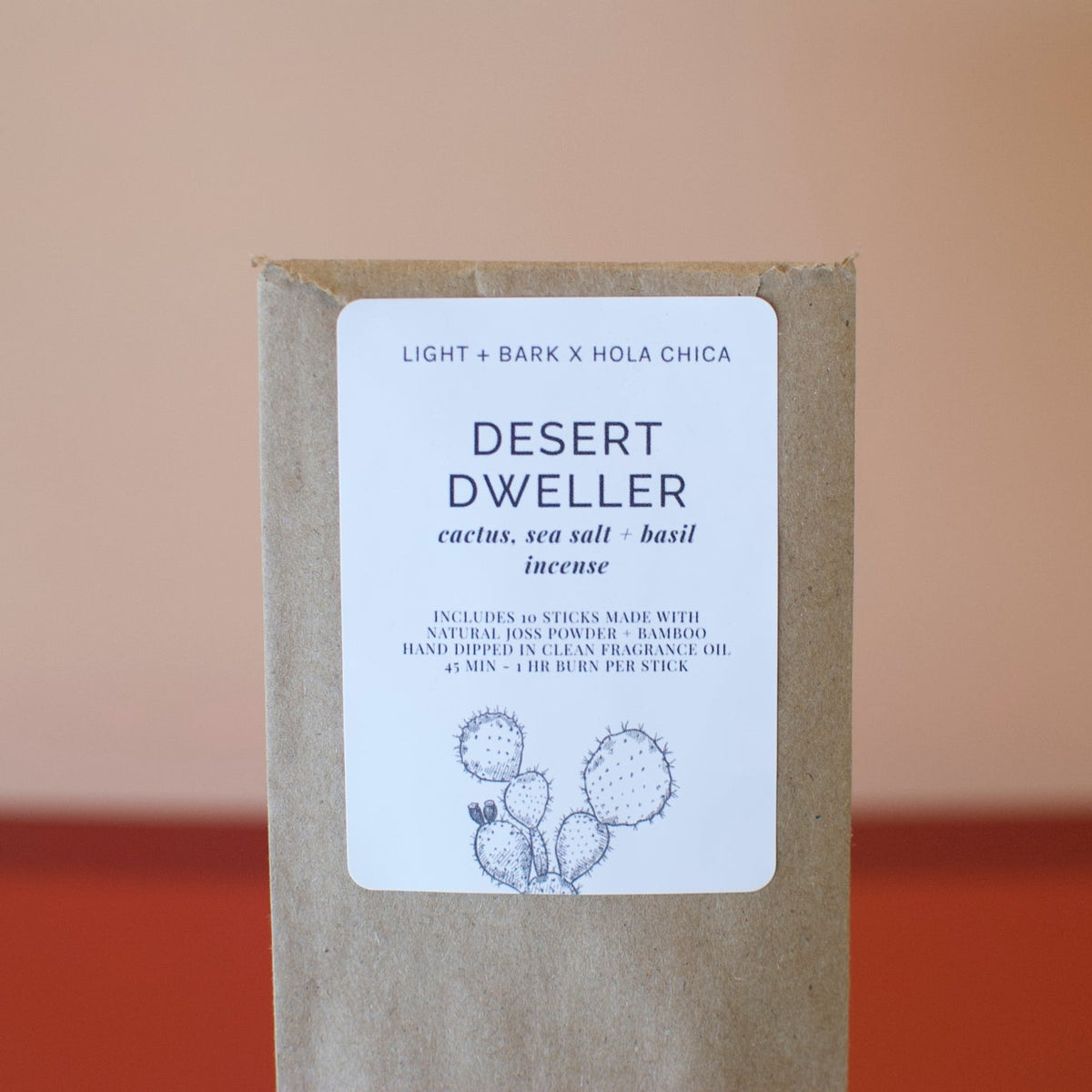 Desert Dweller incense box with white label and cactus illustration on brown packaging