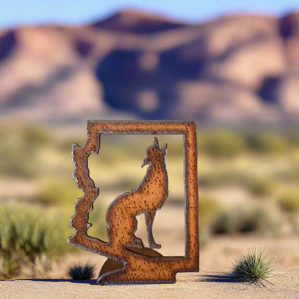 Arizona Outline with Coyote Rustic Metal Cutout Standee