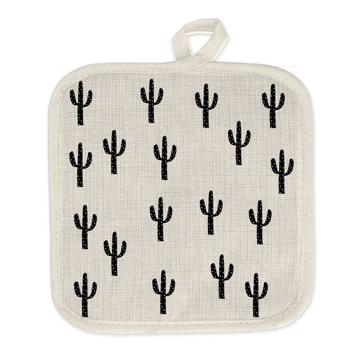 White square pot holder with repeating black saguaro cactus pattern.