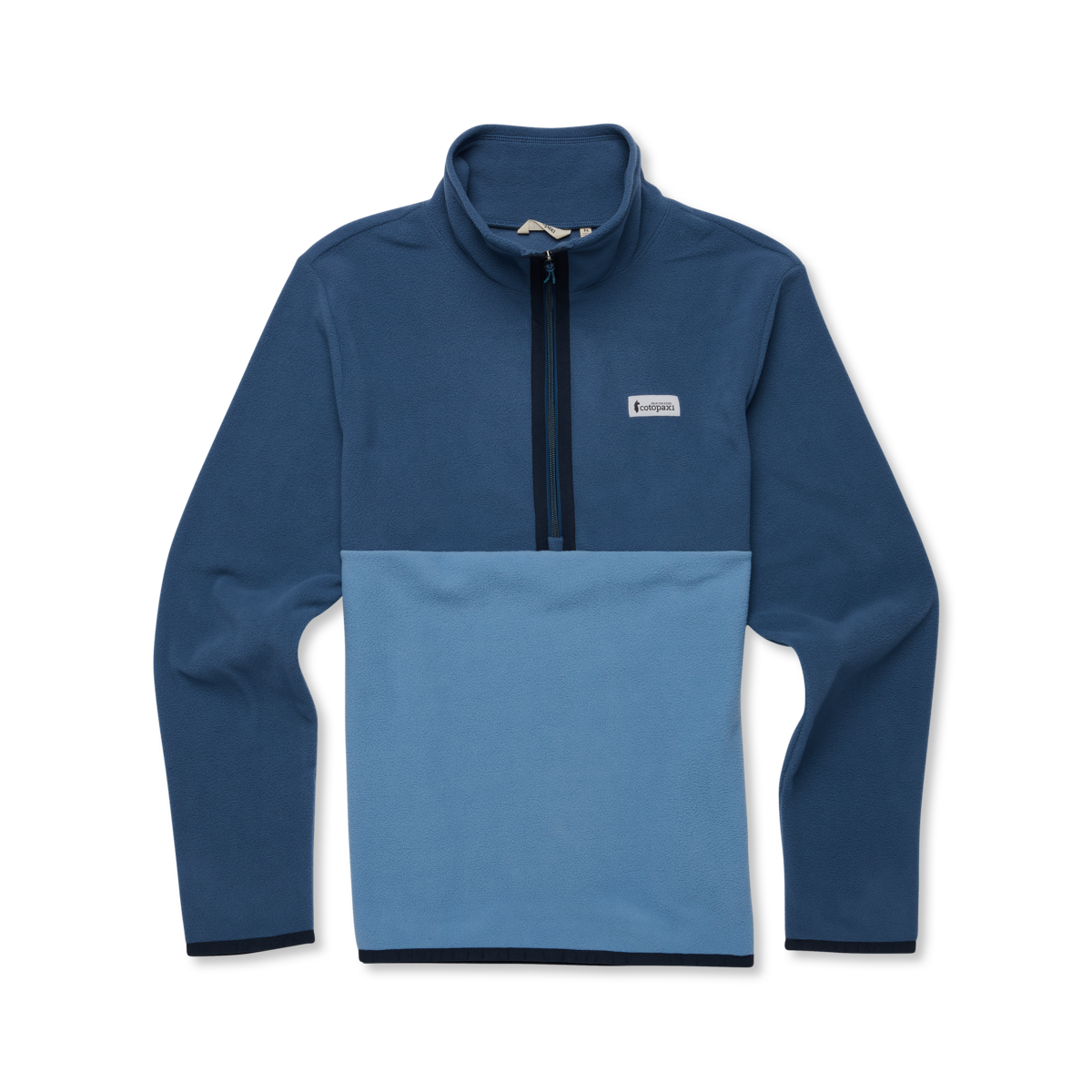 Front view of Cotopaxi Amado fleece pullover men's in two tone blue with a color block across the torso
