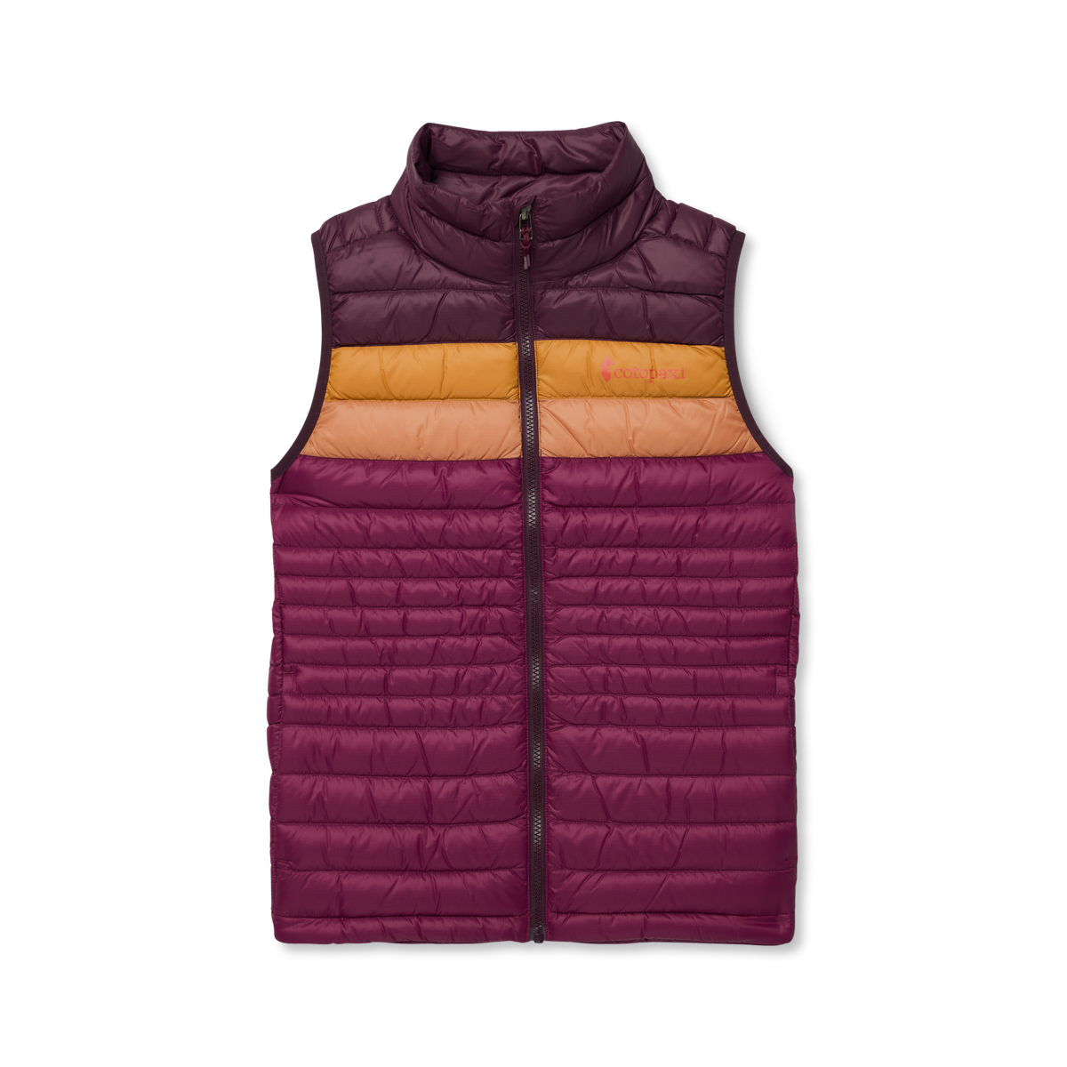 Front view of Cotopaxi Fuego Down Vest for women with plum body and orange chest panel and full-length zipper