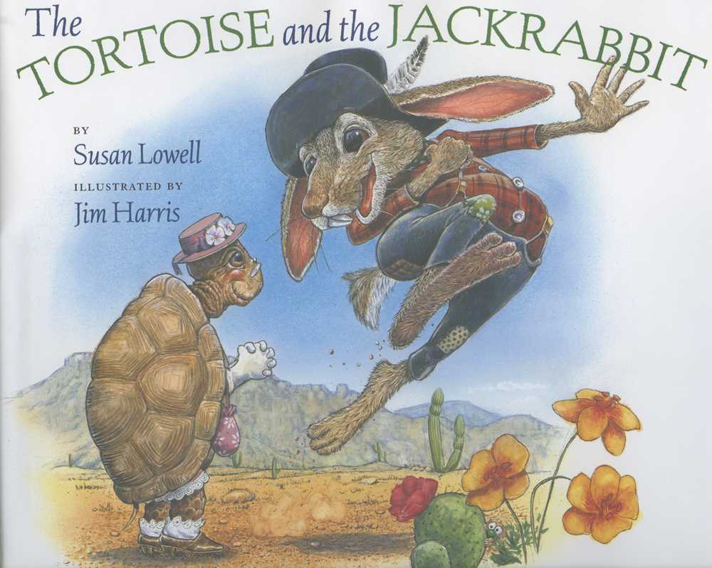 Cover of The Tortoise and the Jackrabbit showing a jackrabbit leaping toward a tortoise in a desert scene with flowers.
