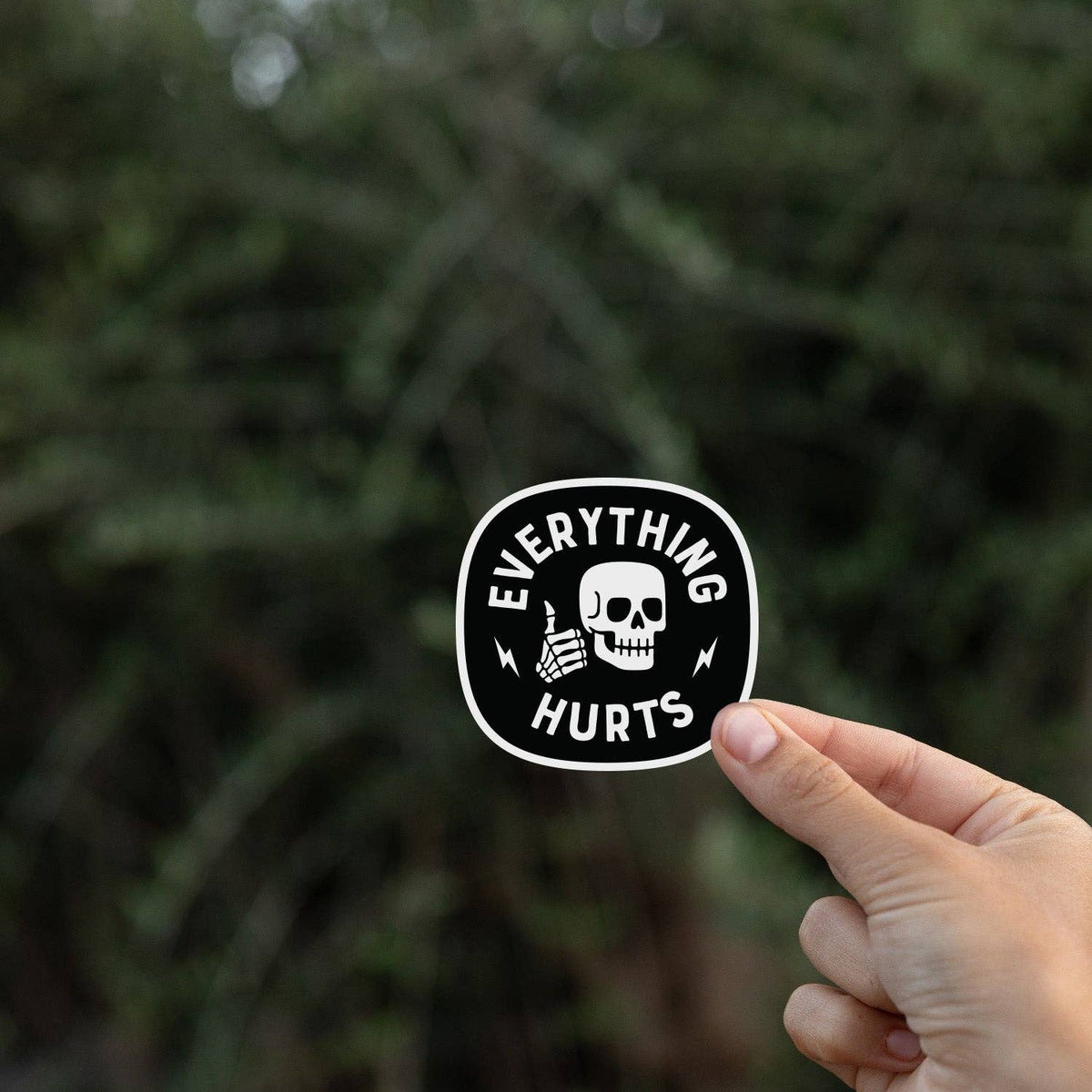 Sticker featuring a skull and the text EVERYTHING HURTS held by a hand against a blurred outdoor background.