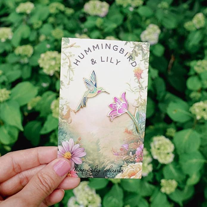 Hummingbird & Pink Lily Flower Pin Set