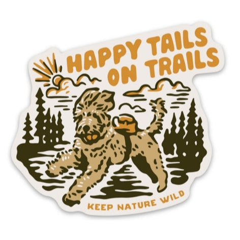 Sticker depicting a playful dog running through a forest with the text Happy Tails on Trails.