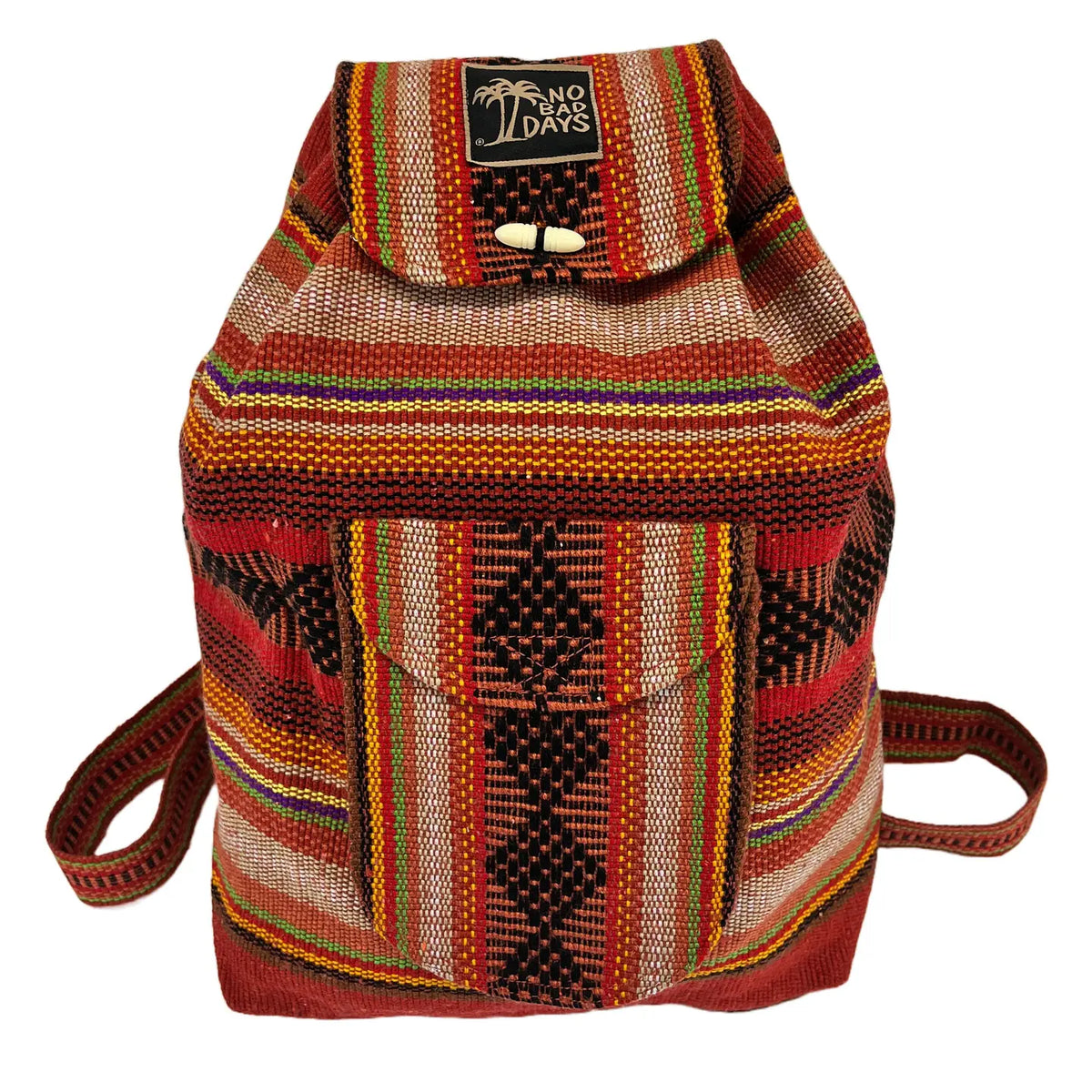 Multishade Baja backpack with vibrant striped weave and a patch on the front flap.