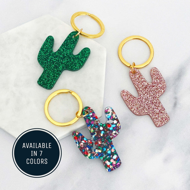 Cactus shaped acrylic keyrings in green glitter multicolor glitter and pink glitter on gold rings