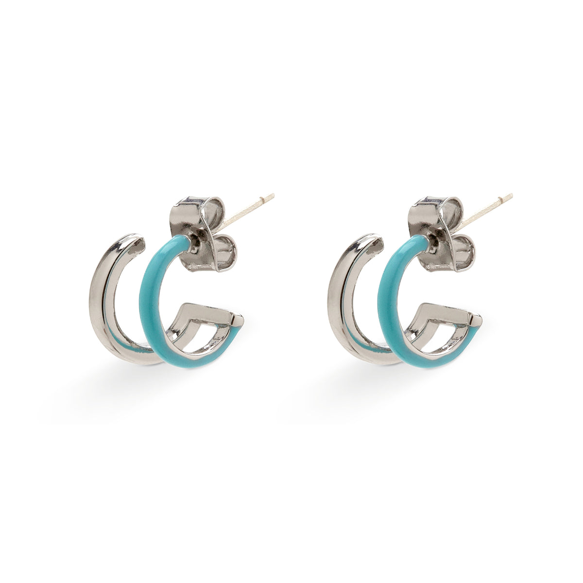 Double Hoop Huggies - Silver/Blue