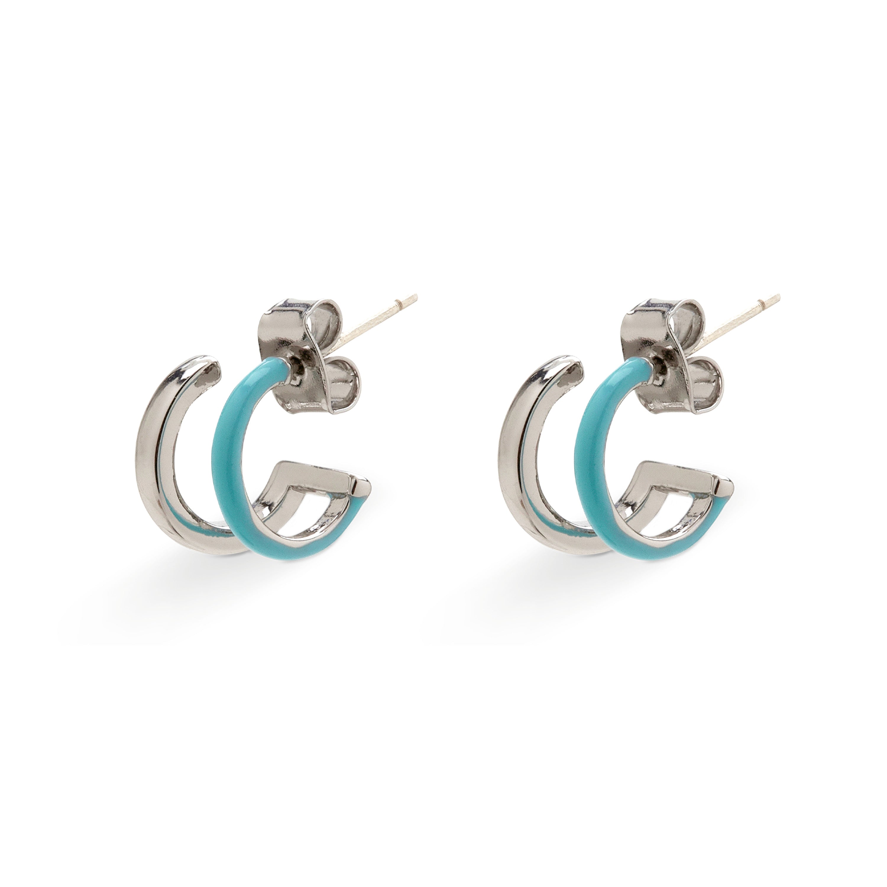 Double Hoop Huggies - Silver/Blue