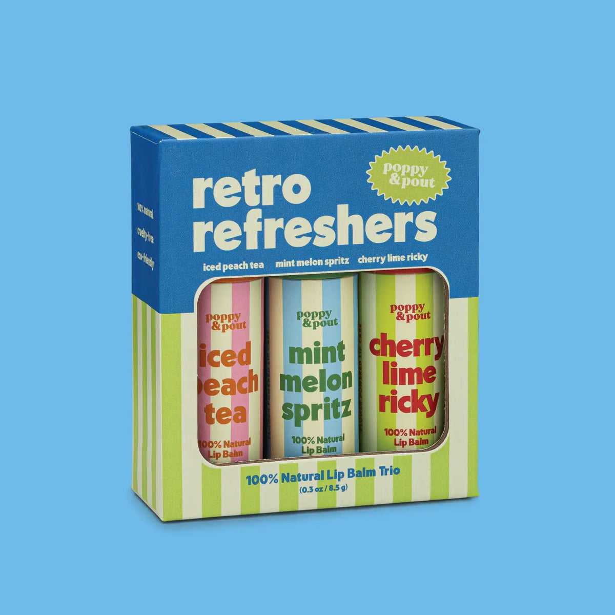 Blue Retro Refreshers Lip Balm Trio box with three balms visible through a window iced peach tea mint melon spritz cherry lime ricky
