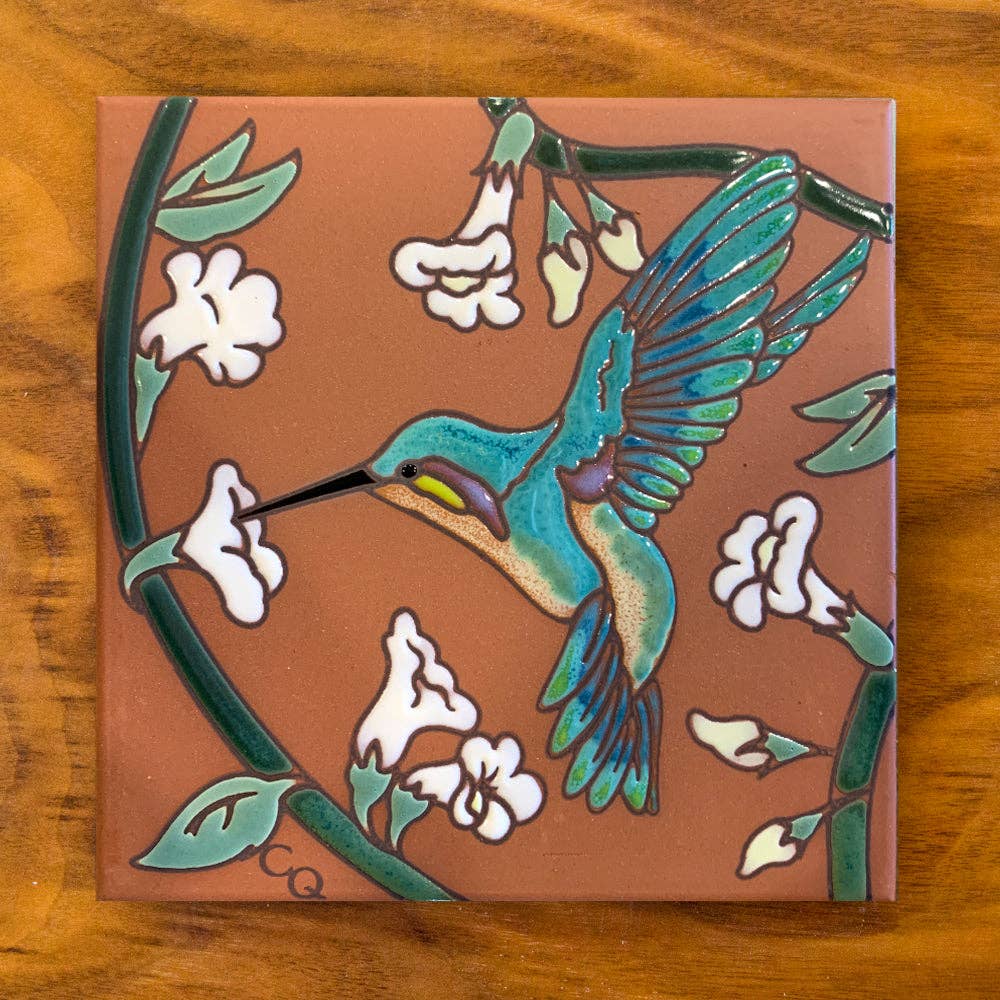 Hummingbird with Trumpet Flowers Hand-Glazed Art Tile Trivet