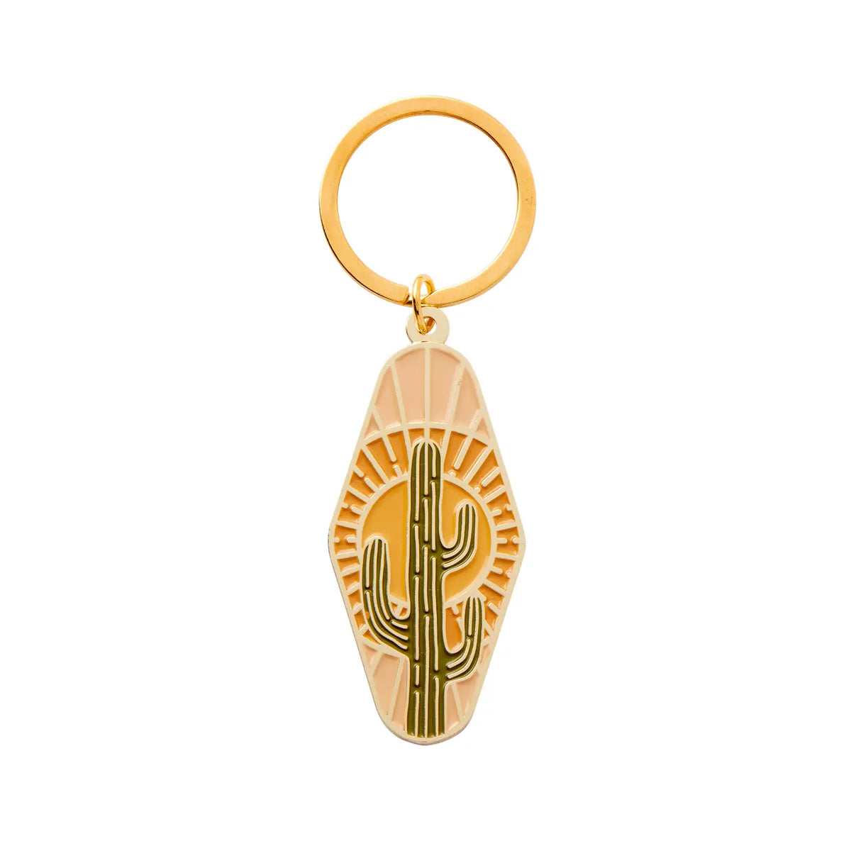 Gold ring keychain with peach cactus pendant featuring a green cactus silhouette against a sunburst design
