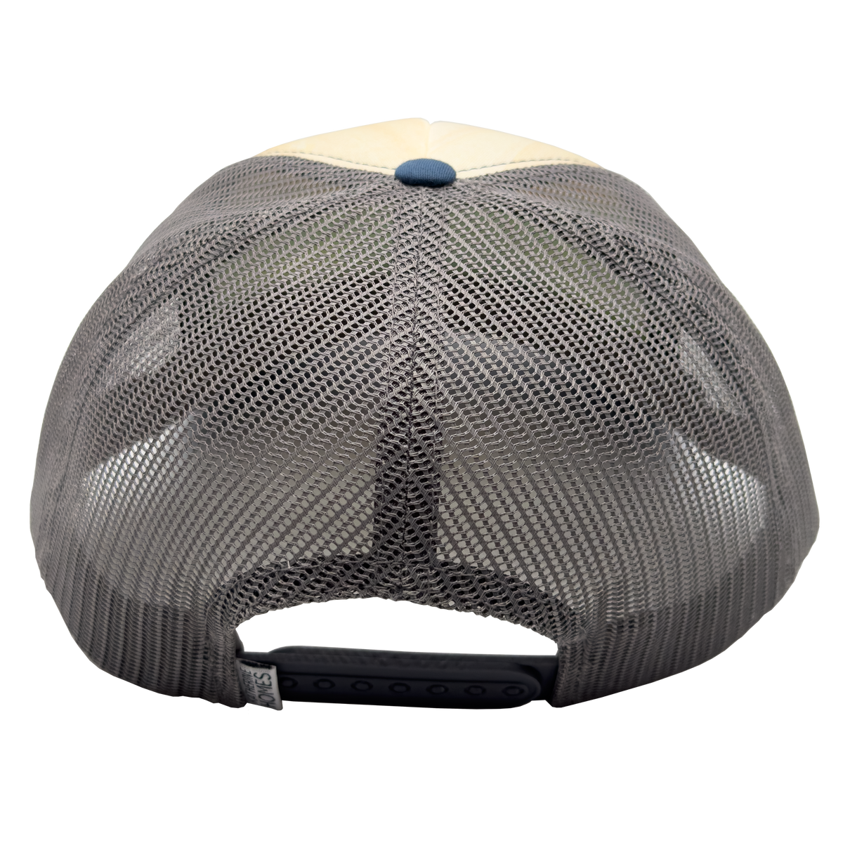 Close up of a foam front trucker hat crown with beige front panel and gray mesh sides, blue button at the crown