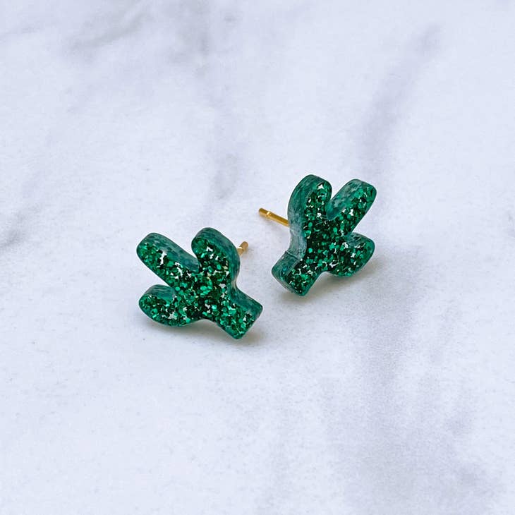 Green glitter cactus stud earrings with gold posts