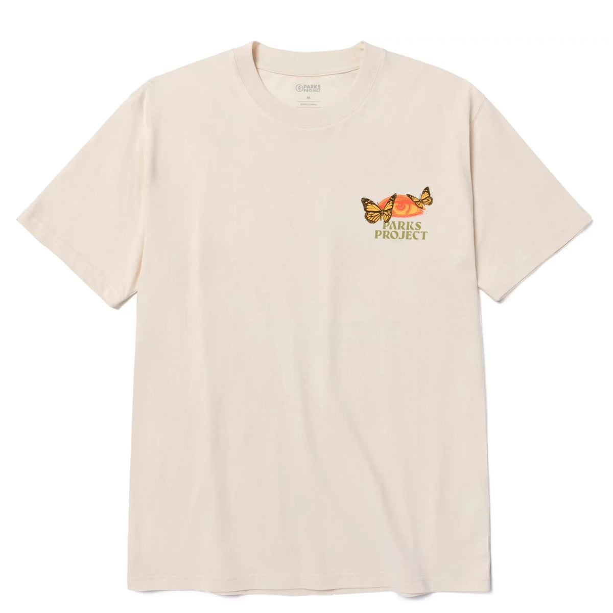 Beige Parks Project T shirt with a small butterfly sun logo on the left chest.