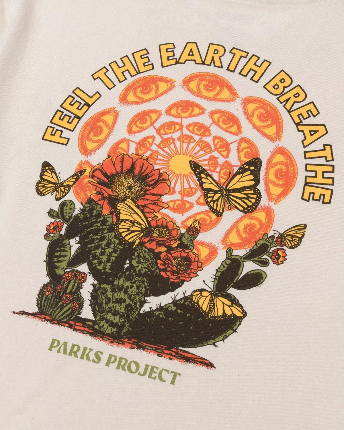 Close up of the tee print showing orange sunburst and two monarch butterflies.