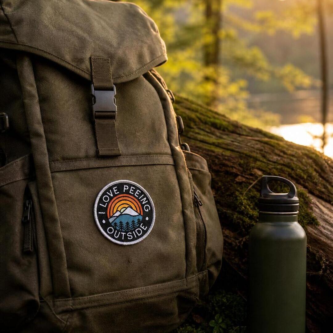 Olive backpack with I Love Peeing Outside patch on the front pocket and a water bottle beside it