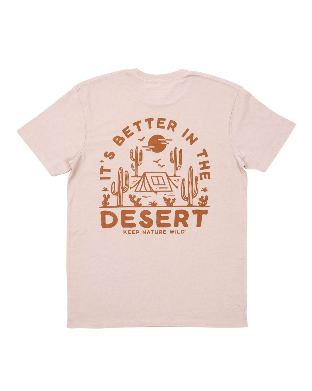 Back view of a heather tan Better in the Desert unisex tee with a brown desert illustration including cacti and a tent