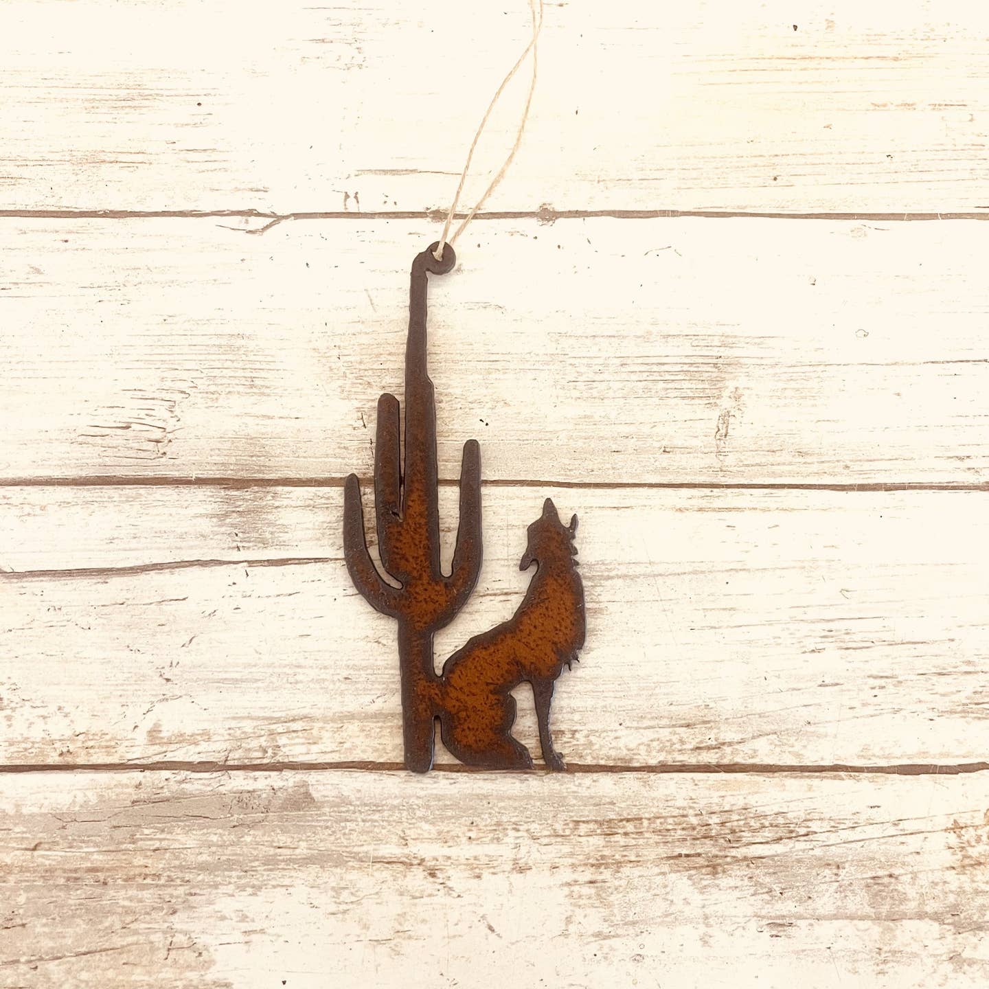 Coyote and Saguaro Metal Rustic Ornament