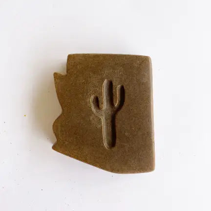 brown Desert Rain Soap with a cactus silhouette carved into the surface on a white background
