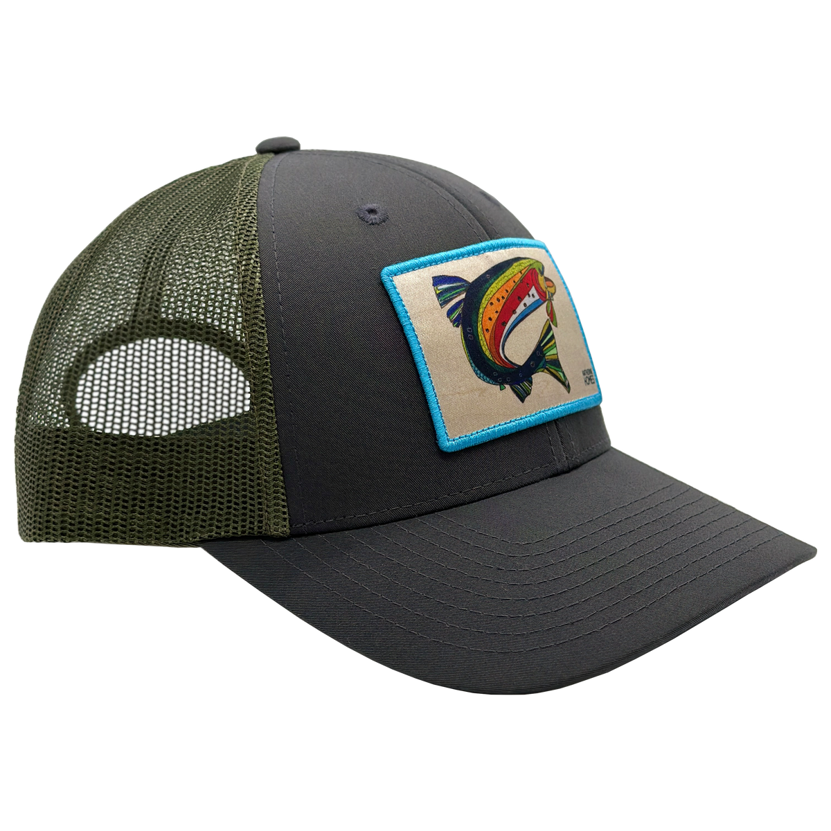 Dark gray Colorado Cutthroat Trout Trucker hat with olive mesh back and colorful trout patch on front
