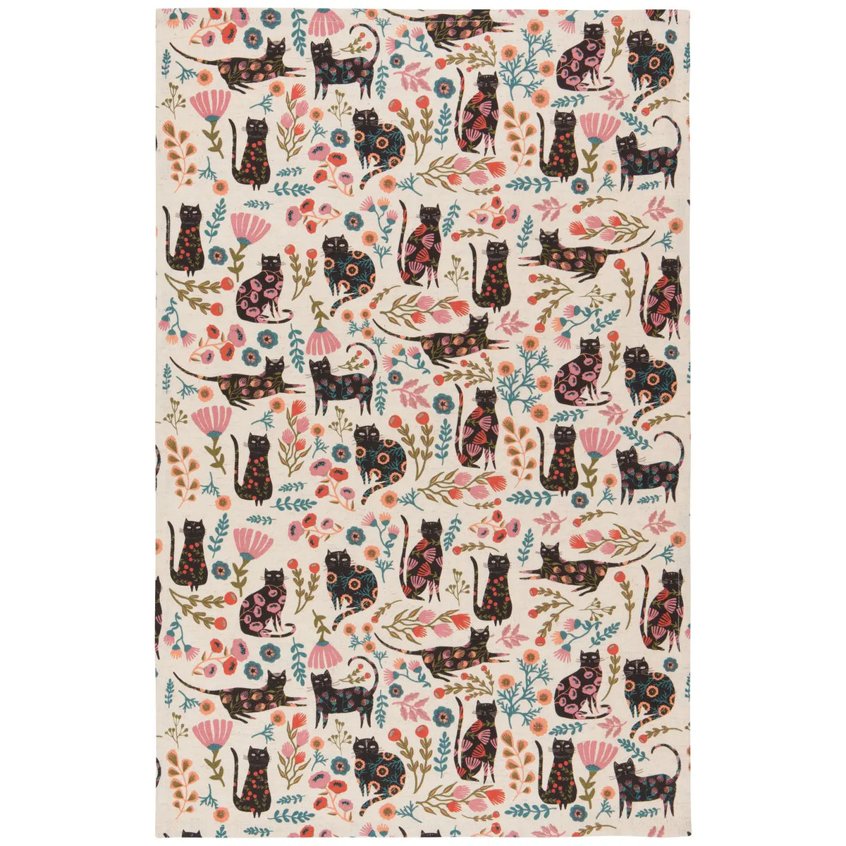Catbloom dish towel set showing a lively pattern of black cats and vibrant flowers across a pale background.