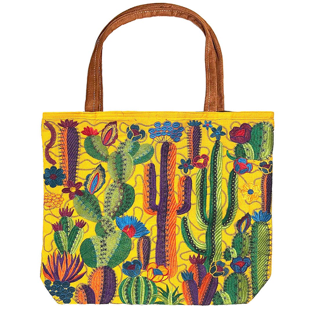 Embroidered Cactus Desert Large Suede Purse Tote Bag
