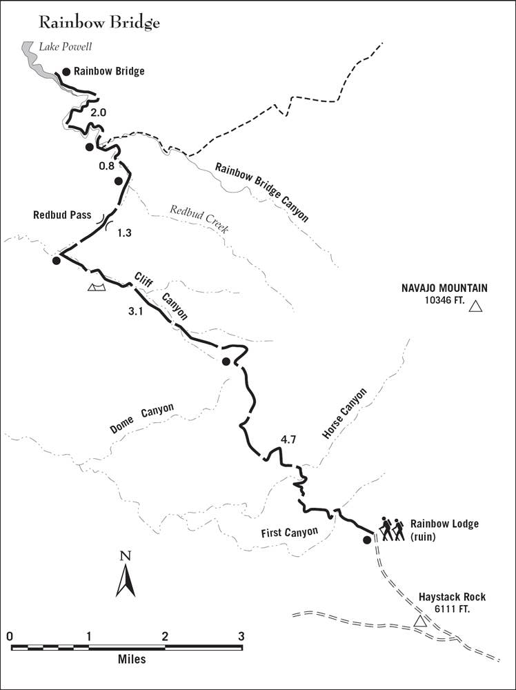 Rainbow Bridge area trail map with Redbud Pass and Rainbow Lodge near the canyon.