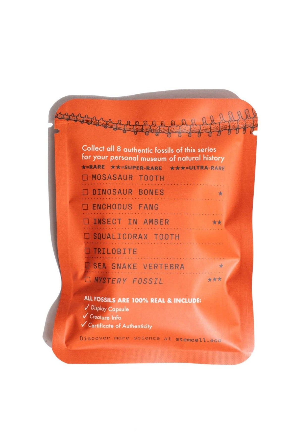 Orange Fossil Blind Bag packaging with a checklist of eight authentic fossils.