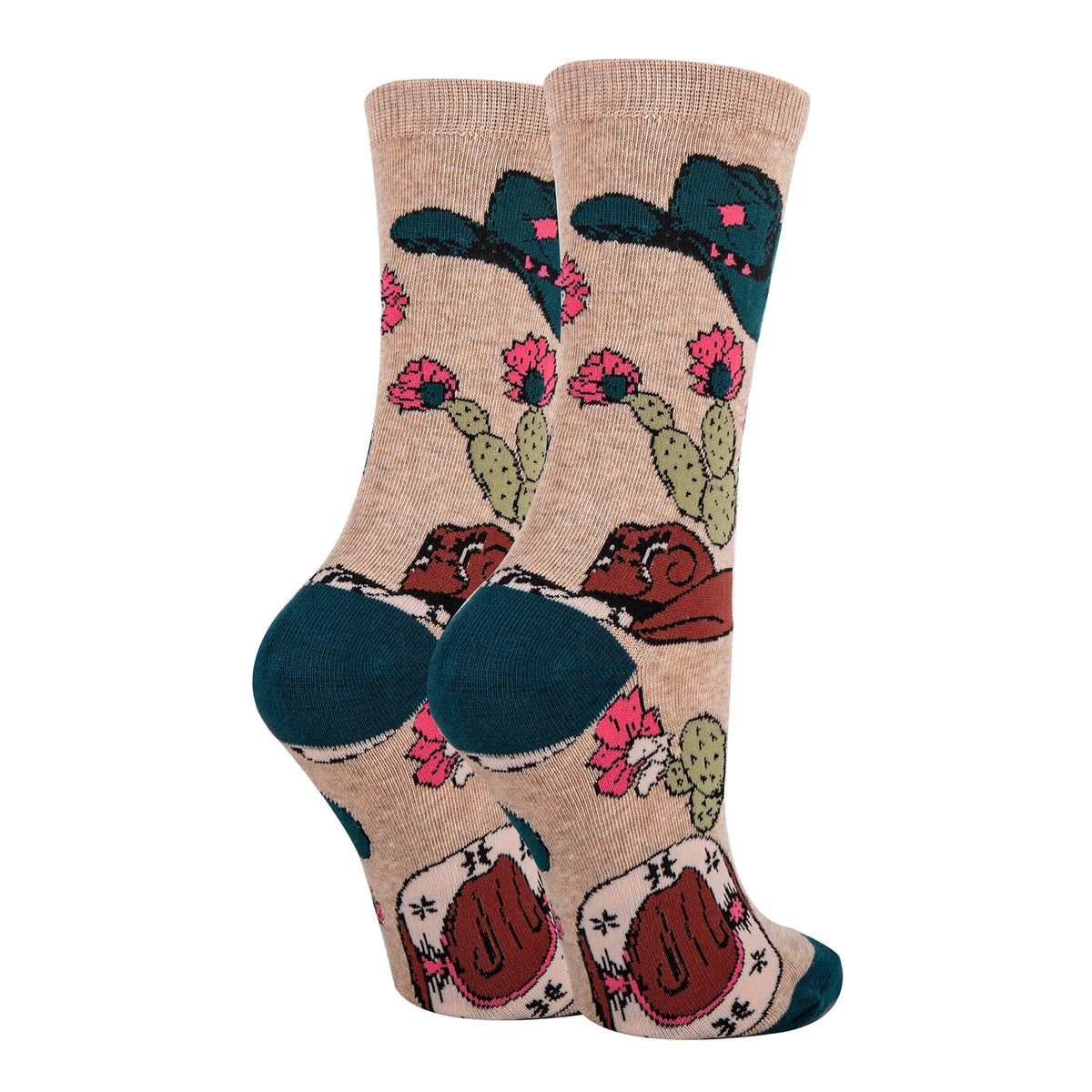 Pair of beige cactus print crew socks with teal toes