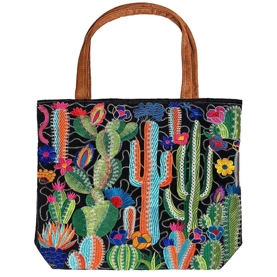 Embroidered Cactus Desert Large Suede Purse Tote Bag