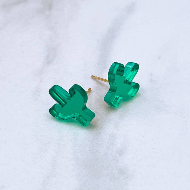 Translucent emerald green cactus stud earrings with gold posts
