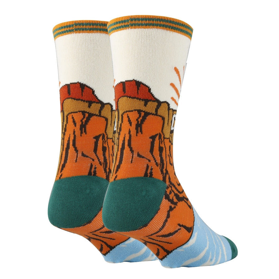 Grand Canyon themed socks featuring orange canyon rocks and teal toes on a white background.