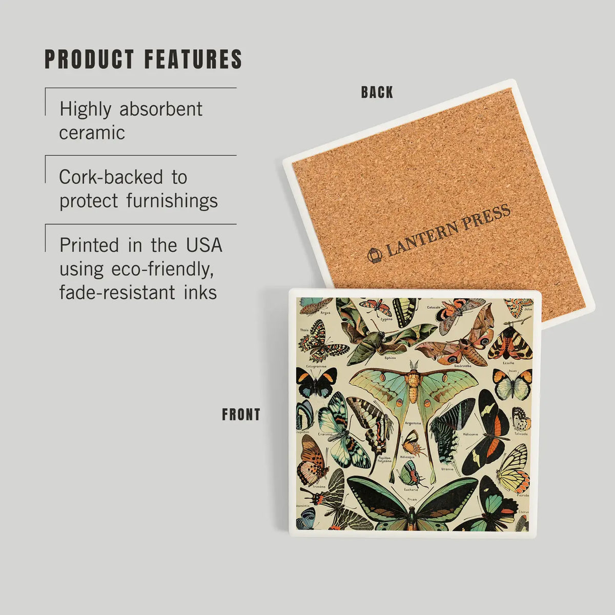 Product features listing highly absorbent ceramic cork backed to protect furnishings and eco friendly inks
