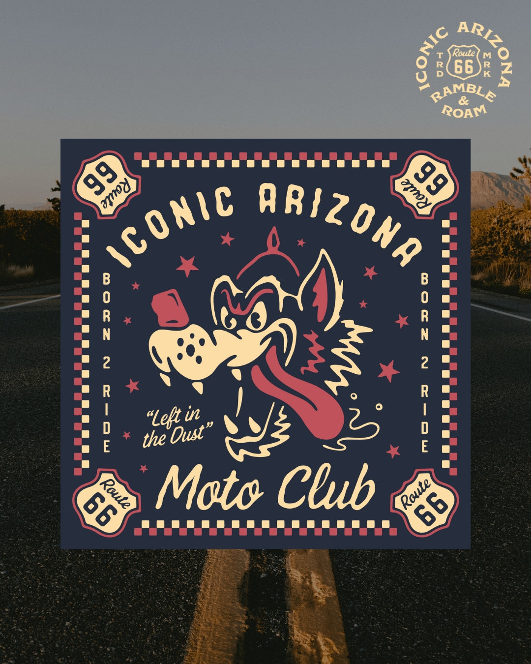 Square navy bandana displayed on a desert road backdrop with Iconic Arizona Route 66 design and a cartoon dog