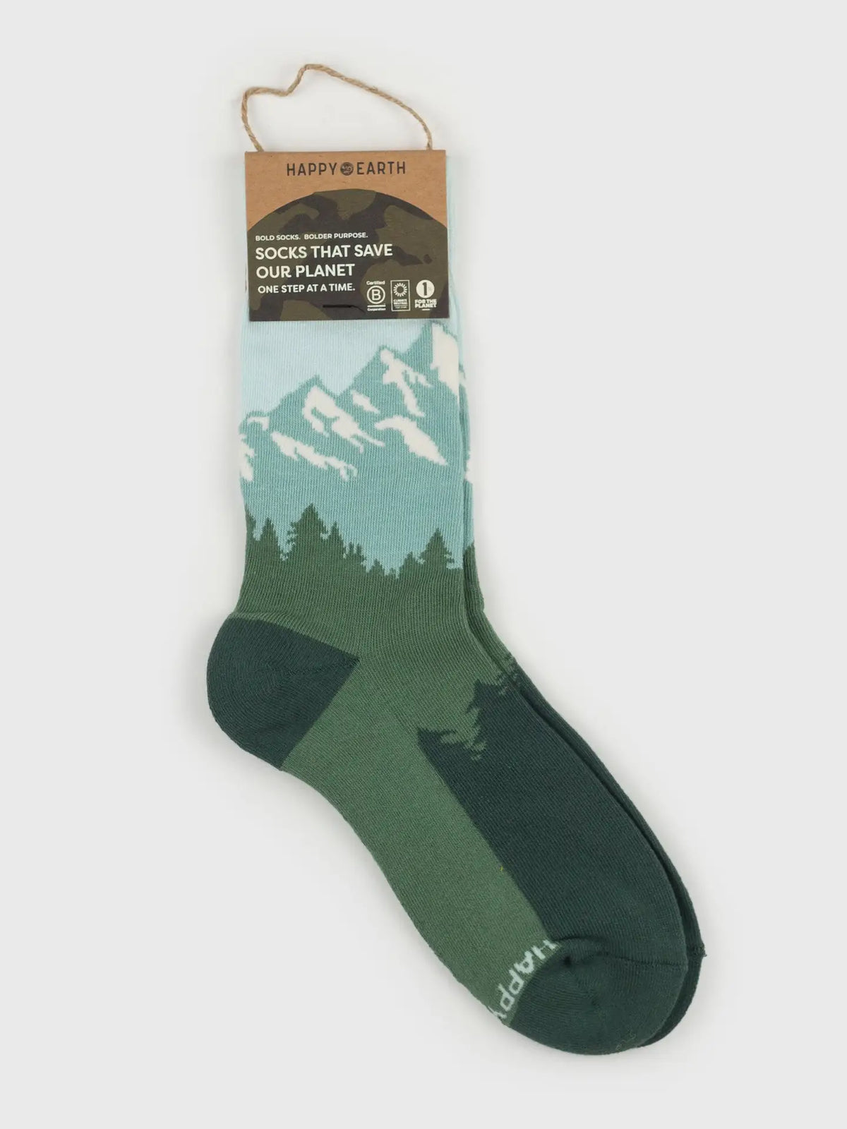 Tetons Socks with blue green mountain pattern and a Happy Earth label
