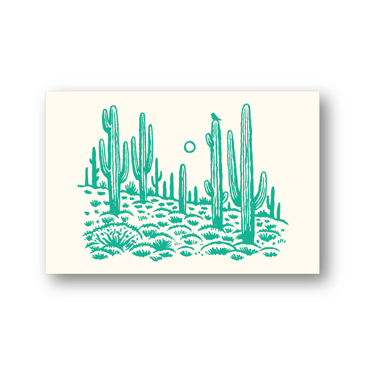 The Saguaro Postcard features teal cactus silhouettes across a pale background
