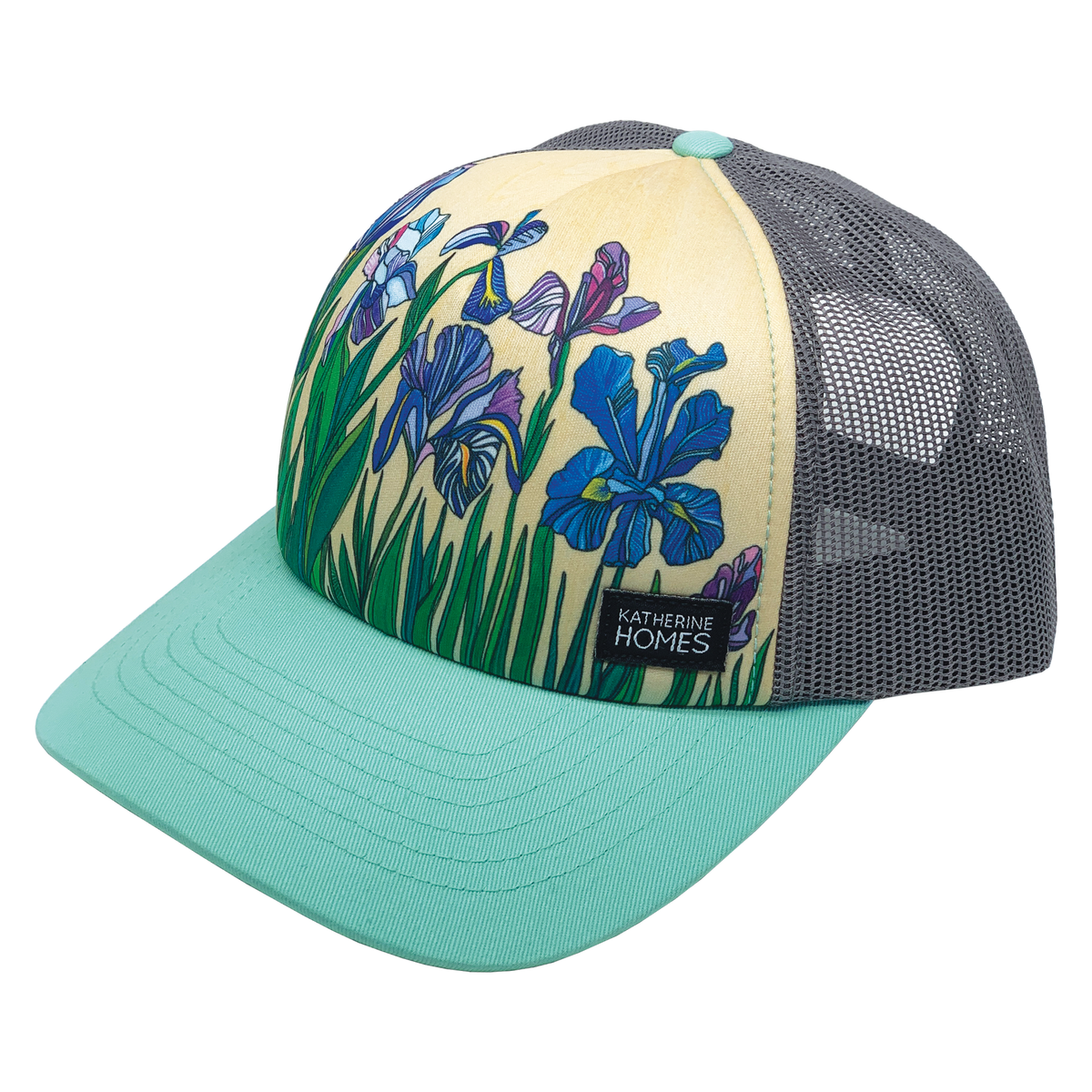 Front view of Iris Flowers Foam Trucker hat with vibrant iris pattern and mint green brim