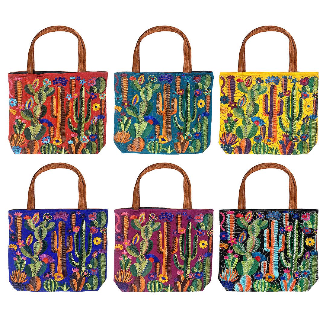 Embroidered Cactus Desert Large Suede Purse Tote Bag