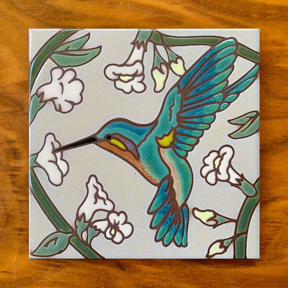 Hummingbird with Trumpet Flowers Hand-Glazed Art Tile Trivet