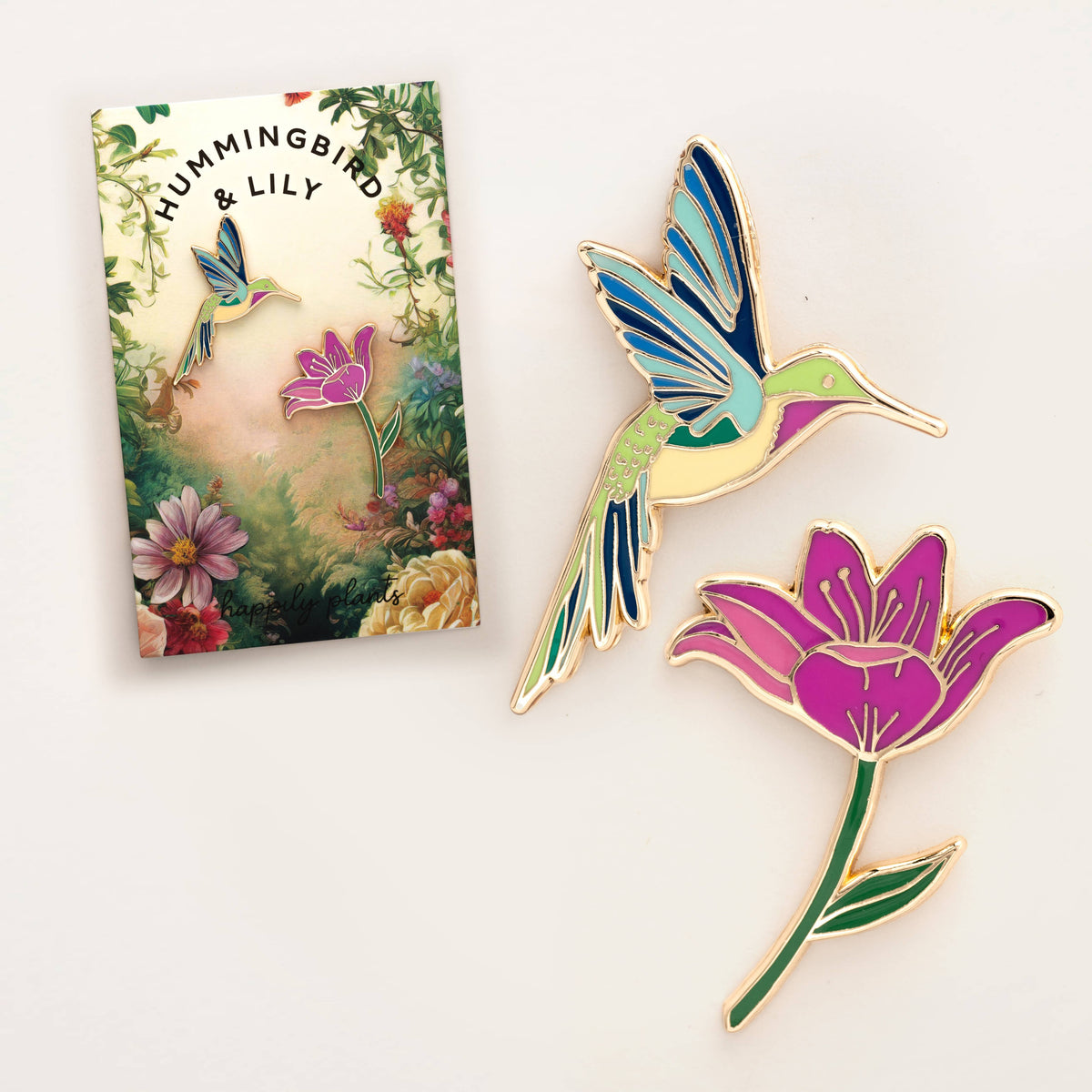 Hummingbird & Pink Lily Flower Pin Set