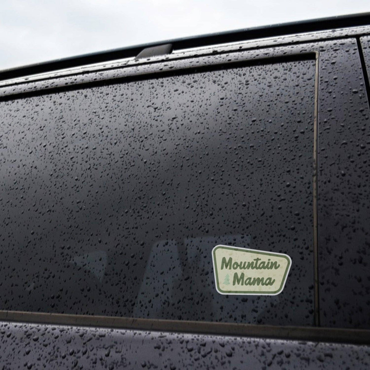 Mountain Mama sticker on a rain speckled car window