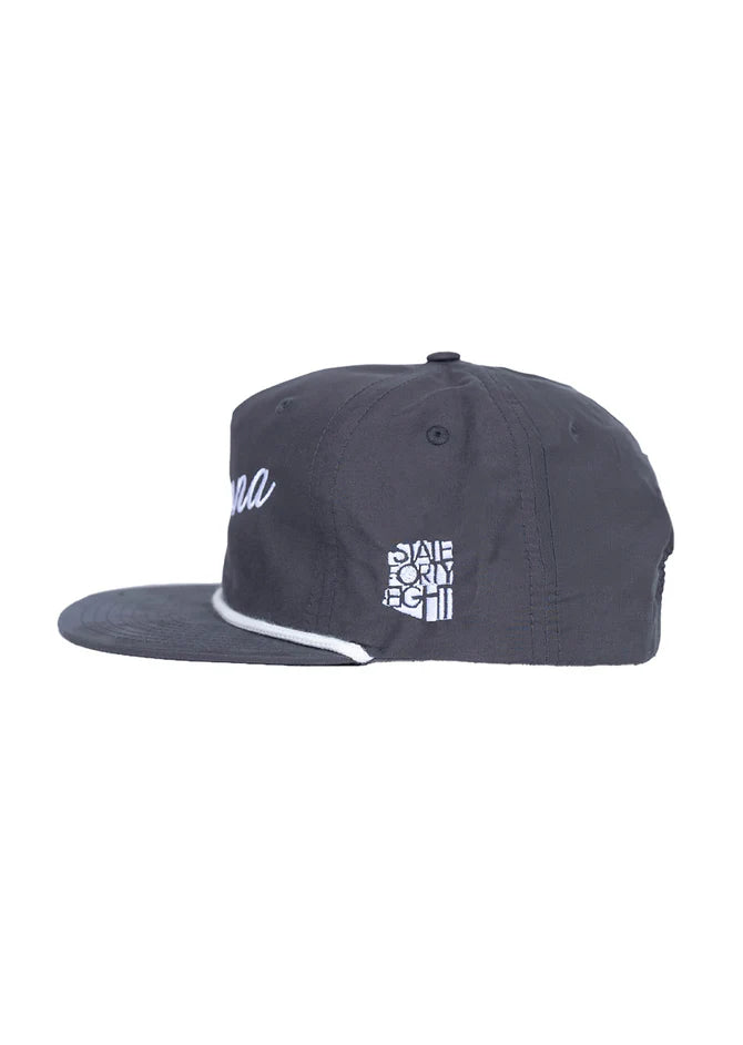 Angled side view of the dark gray Arizona Script Snapback with white script on the front.