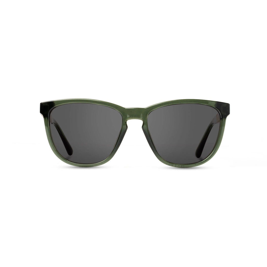 Front view of CAMP Arrowcrest Fern sunglasses featuring a green frame and dark gray lenses.