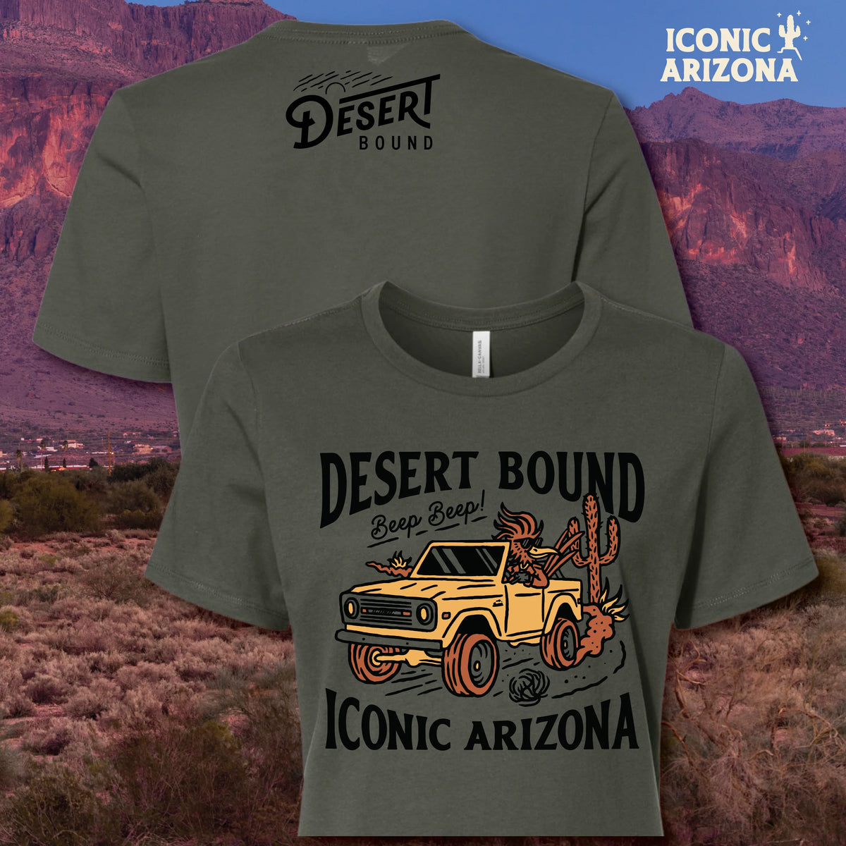 Back view of an olive green Desert Bound tee featuring a rugged jeep graphic against a desert mountains backdrop.