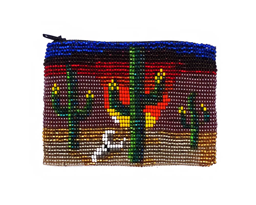 Beaded Desert Cactus Sunset Seed Bead Coin Purse Pouch