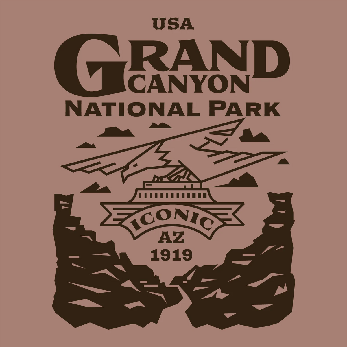 Close up of a tan tank top print showing Grand Canyon National Park emblem and Iconic AZ 1919 badge.