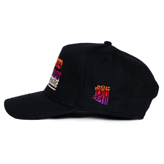 Side view of a black cap with a colorful State Forty Eight logo on the side panel.